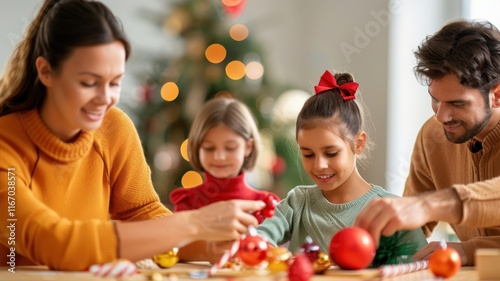A joyful family decorates for Christmas, creating memories and sharing laughter around a festive table filled with ornaments.