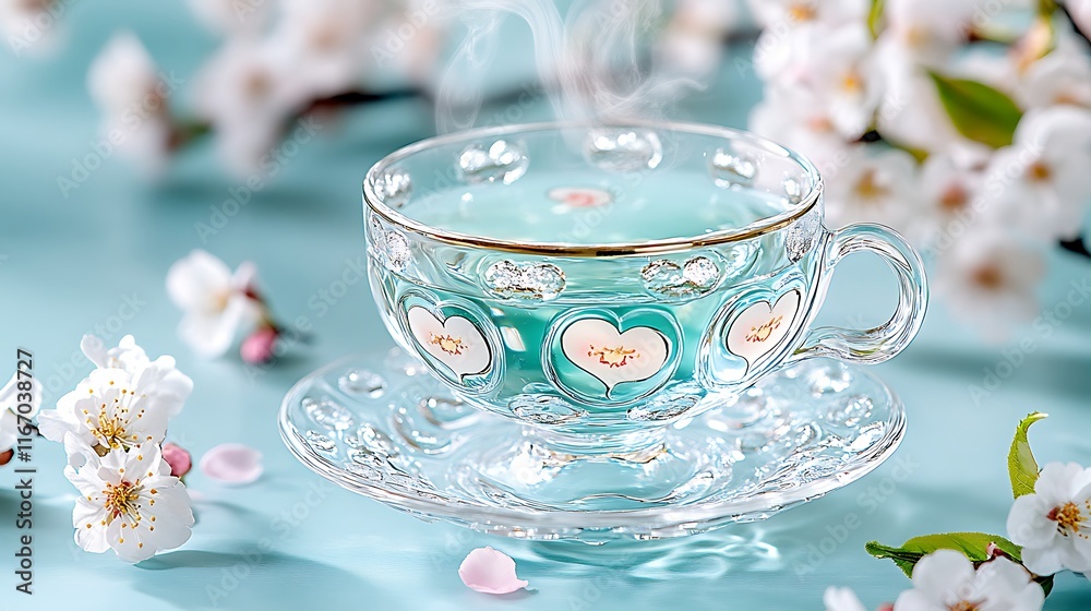 Fototapeta premium Spring Tea in Elegant Glass Cup with Flowers