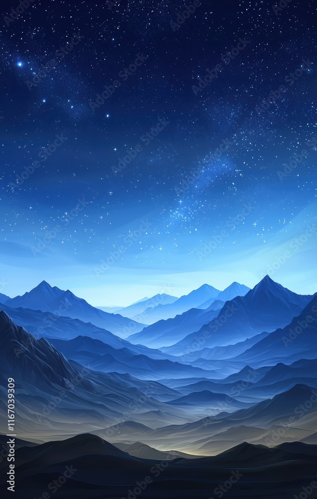 Blue Mountain Range Under Starry Night Sky Blue Mountain Range Under Starry Night Sky