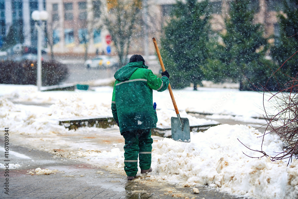 Worker remove snow from sidewalk during blizzard, clean footpath. Utility worker shoveling snow on city street. Man clearing snowy walkway with shovel. Snow removal work, ensuring pedestrian safety