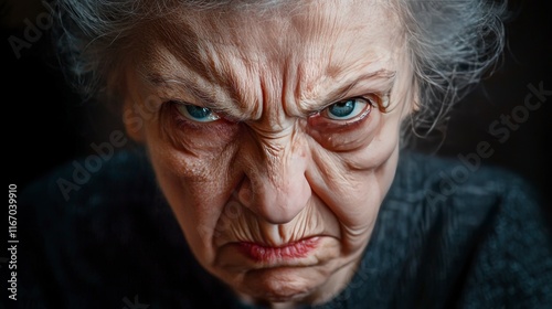 Angry senior woman close-up portrait. (2) photo