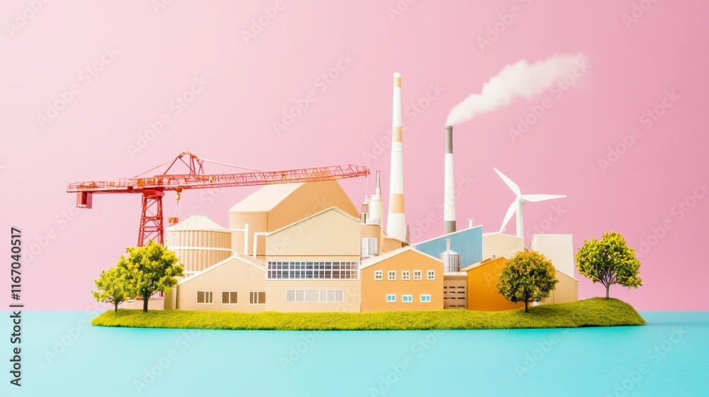 Naklejka premium Industrial Complex Model with Wind Turbine Crane and Green Trees on Island