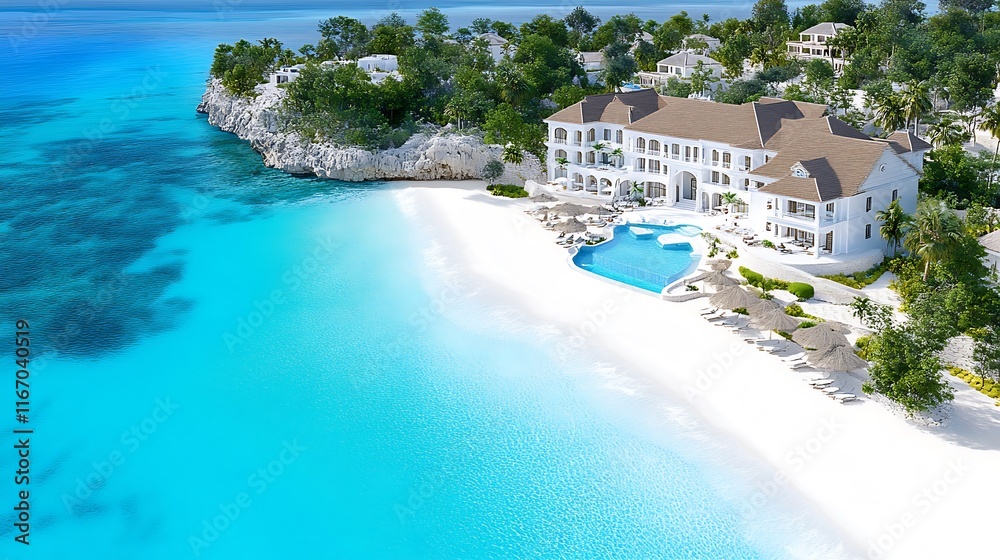Obraz premium Luxury Beachfront Resort Aerial View Turquoise Ocean White Sand