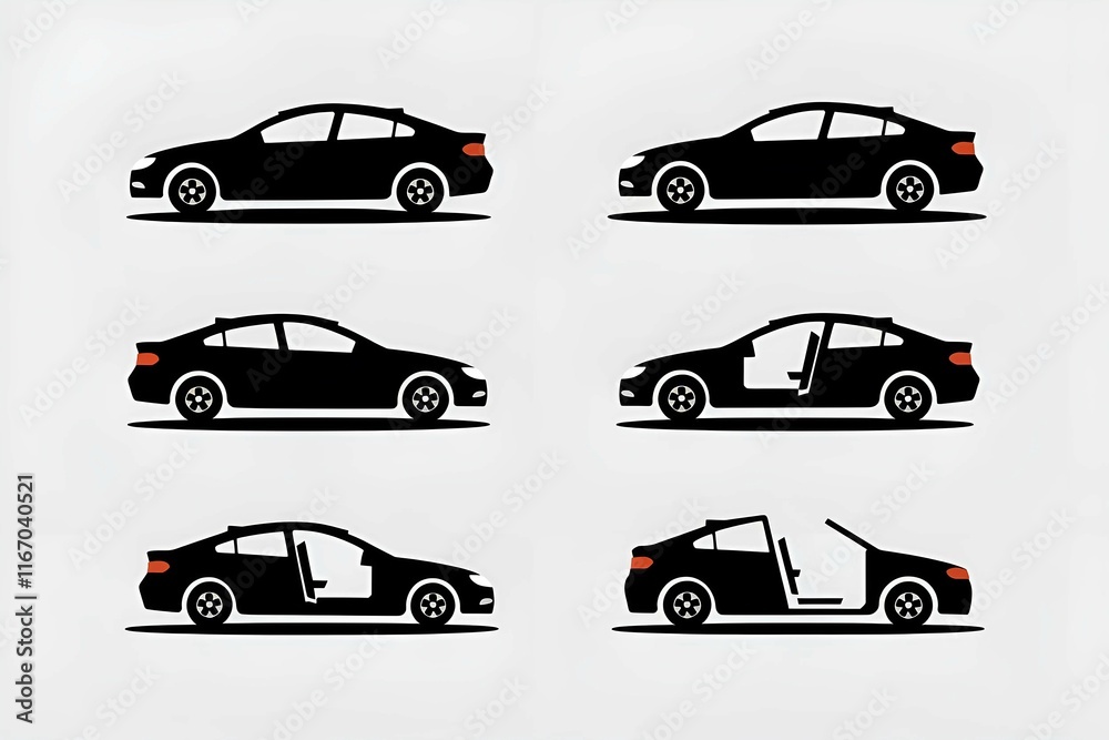 Fototapeta premium seamless pattern of modern black cars with doors open and closed, showcasing an abstract automotive design, simple and minimal vector art for projects and backgrounds. 