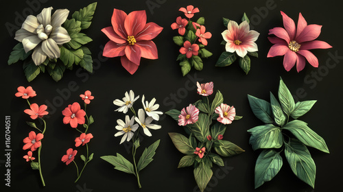 multiple flower and leaves assets for illustration design on black background easy to edit