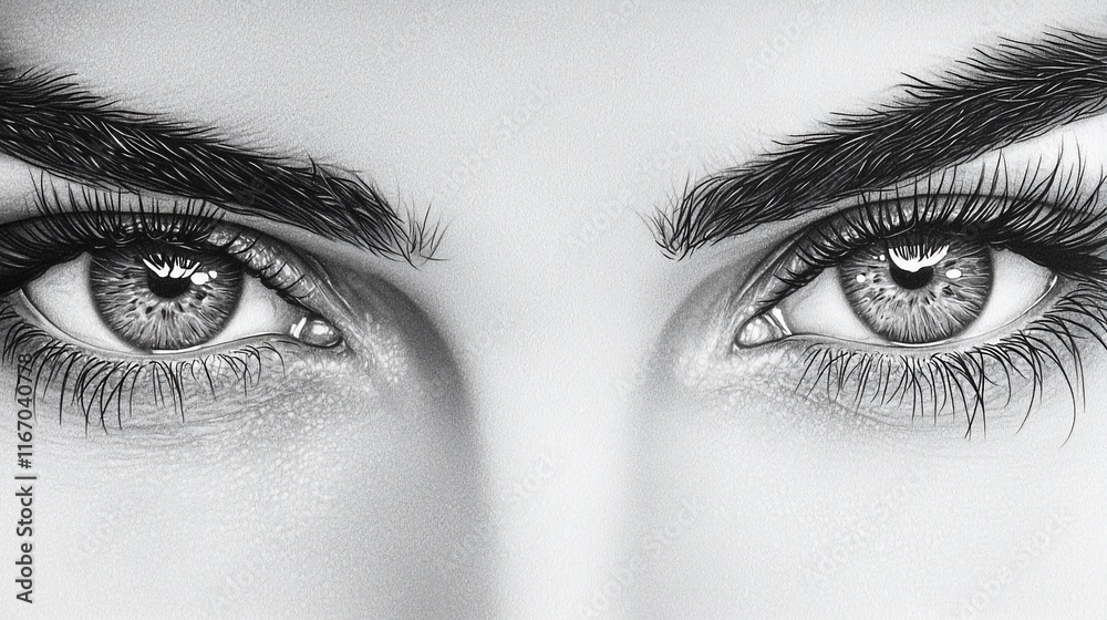 Close-up monochrome image of a woman's captivating eyes with meticulously groomed eyebrows and long, voluminous lashes. Close-up monochrome image of a woman's captivating eyes with meticulously groomed eyebrows and long, voluminous lashes.