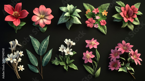 multiple flower and leaves assets for illustration design on black background easy to edit