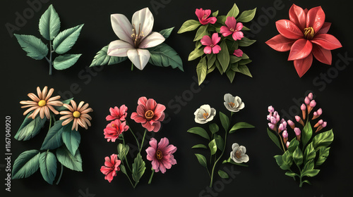 multiple flower and leaves assets for illustration on black background easy to edit