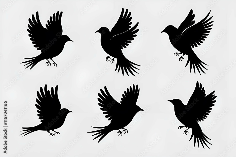 Fototapeta premium black bird silhouettes in various flying and perched positions, ideal for nature-inspired designs, decorative patterns, artistic illustrations, or wildlife-themed creative projects