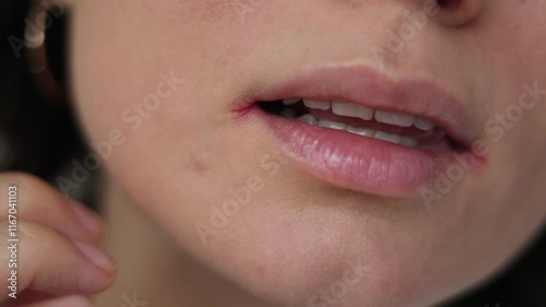 Close up of woman having problem with mouth disease, dry skin on corner of chapped lips with visible irritation or angular cheilitis, cracks, visible irritation in the corners of the mouth, redness