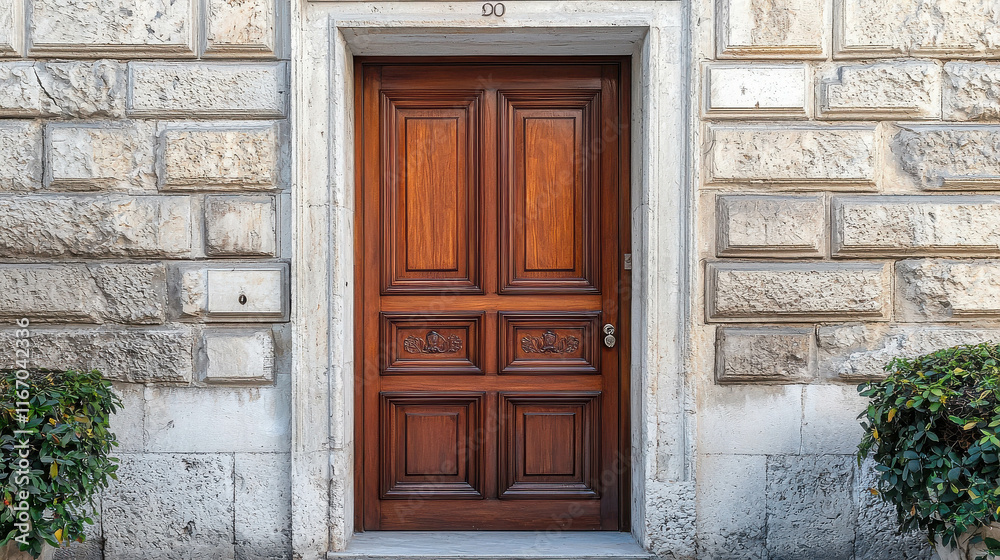 Ornate Hardwood Door with Carved Panels and Detailed Design in Elegant Setting Ornate Hardwood Door with Carved Panels and Detailed Design in Elegant Setting