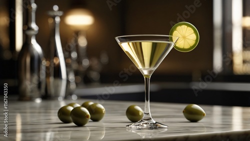 Classic Martini with Green Olives in a Chilled Glass for Elegant Cocktail Lovers photo