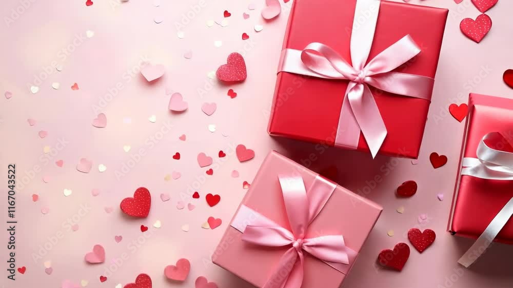 Valentine's day composition featuring gift boxes adorned with ribbons, accompanied by heart-shaped confetti on a pastel pink backdrop Valentine's day composition featuring gift boxes adorned with ribbons, accompanied by heart-shaped confetti on a pastel pink backdrop