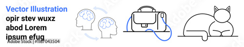 Two human heads with connected brains, a briefcase with a cable, a resting cat in minimalist style. Ideal for education, technology, AI, mental health, travel, work, animal welfare. Landing page