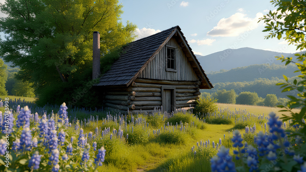 Eine kleine, verlassene Hütte, die von einer alten Eiche und Wildblumen umgeben ist Eine kleine, verlassene Hütte, die von einer alten Eiche und Wildblumen umgeben ist