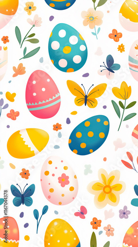 Seamless pattern of Easter eggs, flowers and butterfly on white background