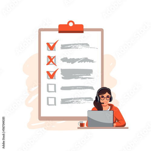 Girl marking completed tasks. Concept of time management, to-do list, work planning method, feedback or survey.