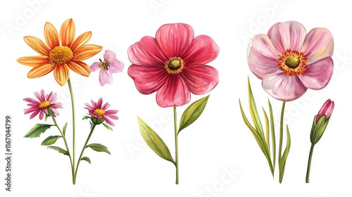 painting  of multiple flowers, with different type and colour on white background easy to edit