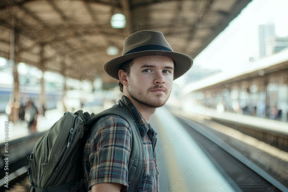 Young traveler with backpack and hat at bangkok central station travel concept with copy space Young traveler with backpack and hat at bangkok central station travel concept with copy space