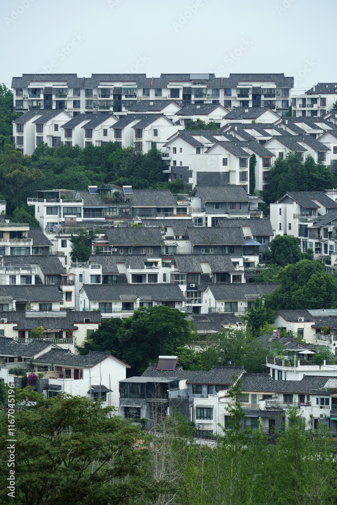 Fototapeta premium A group of buildings near the Panda base in Chengdu, Sichuan Province, China
