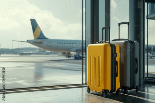 Realistic airport scene with yellow and grey suitcases and airplane in background for travel theme photo