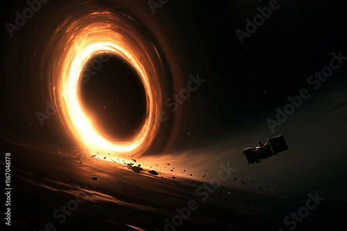 A shimmering black hole distorts the stars around it, with a small spacecraft on the edge, symbolizing the danger and mystery of the final frontier