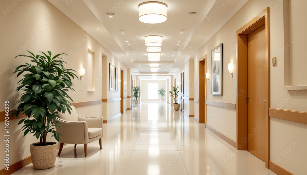 Bright and Modern Hospital Corridor Interior, Clean Clinic Hallway with Waiting Area, Empty Hospital Hall with Armchair and Plants Bright and Modern Hospital Corridor Interior, Clean Clinic Hallway with Waiting Area, Empty Hospital Hall with Armchair and Plants