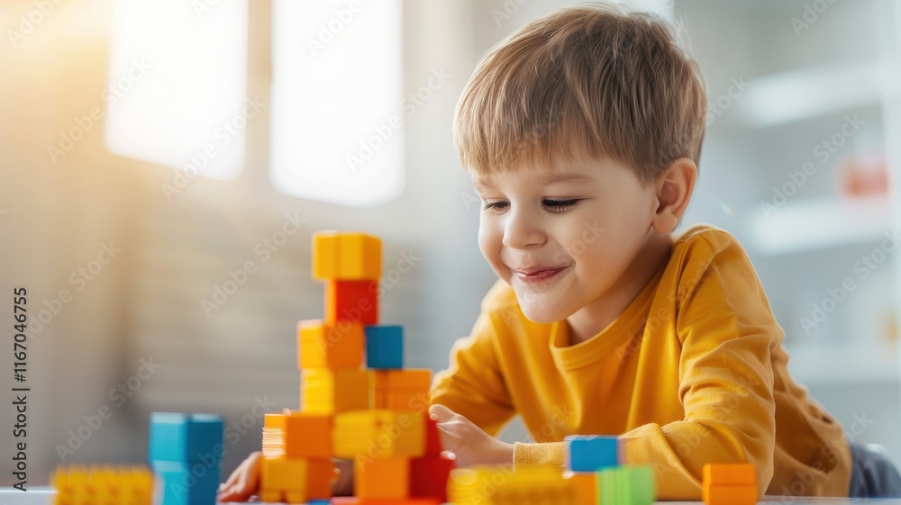 A young boy builds with colorful blocks, focused and smiling, in a bright room filled with natural light. A young boy builds with colorful blocks, focused and smiling, in a bright room filled with natural light.