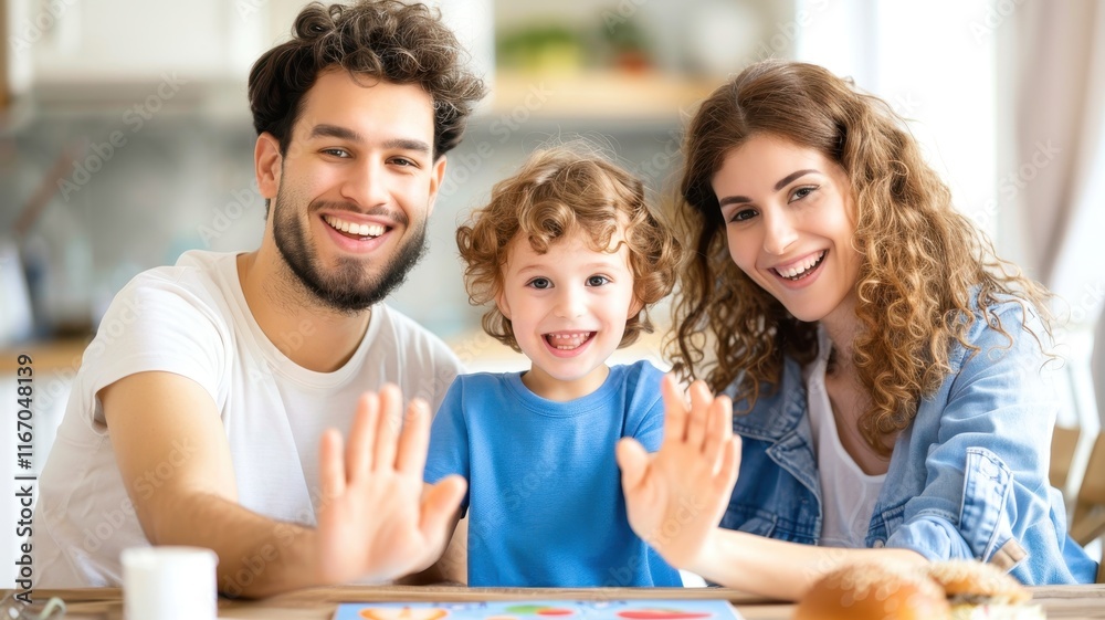 A happy family smiles and waves at the camera, capturing a joyful moment in a bright, cozy kitchen setting. A happy family smiles and waves at the camera, capturing a joyful moment in a bright, cozy kitchen setting.