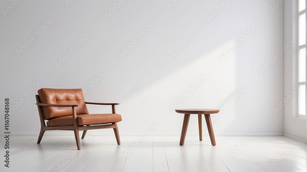 Fototapeta premium chair and wood side table against empty white color wall background. Minimalist style home