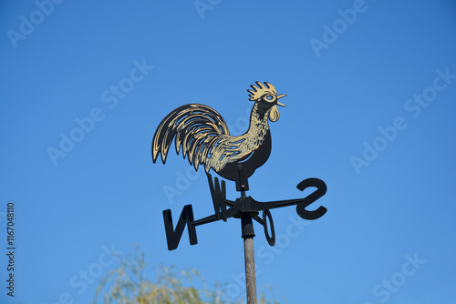 A metal weather vane shaped like a rooster stands against a clear blue sky, indicating the wind direction photo