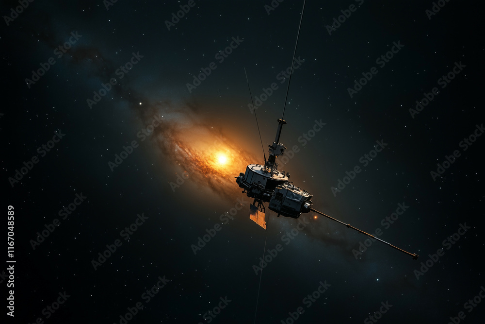 Naklejka premium A vast galaxy spirals against a deep black backdrop, with a spacecraft heading toward its glowing core, representing the allure of cosmic exploration