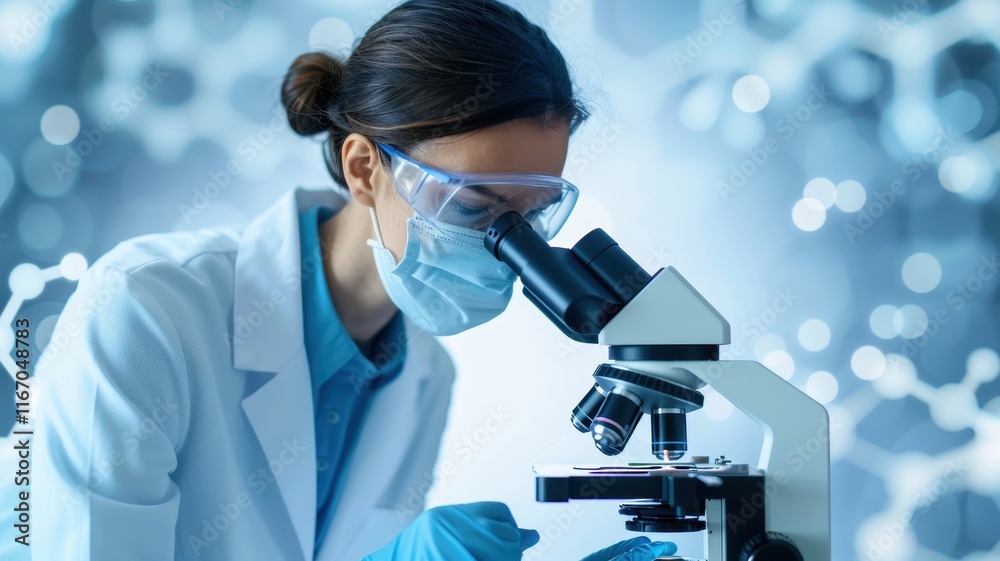 A scientist examines samples through a microscope in a lab setting, highlighting research and innovation in a modern scientific environment. A scientist examines samples through a microscope in a lab setting, highlighting research and innovation in a modern scientific environment.
