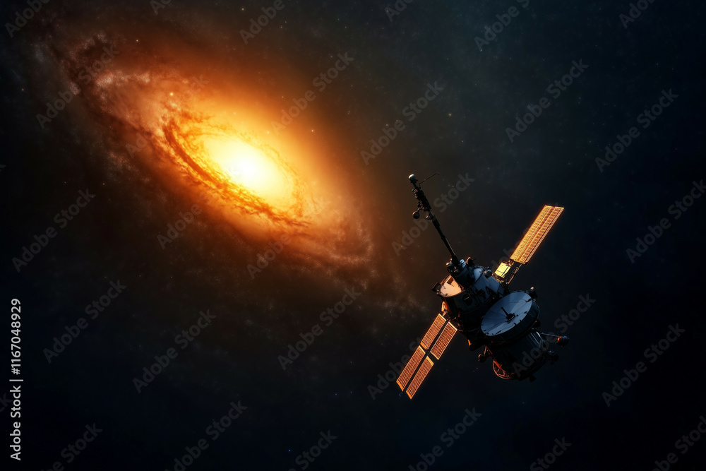 Obraz premium A vast galaxy spirals against a deep black backdrop, with a spacecraft heading toward its glowing core, representing the allure of cosmic exploration
