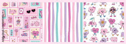 Valentine's day seamless patterns, wallpaper collection with doodles. Good for holiday textile prints, wrappong paper, stationery, digital paper, backgrounds. EPS 10