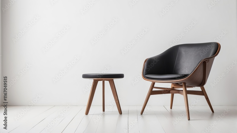 chair and wood side table against empty white color wall background. Minimalist style home chair and wood side table against empty white color wall background. Minimalist style home