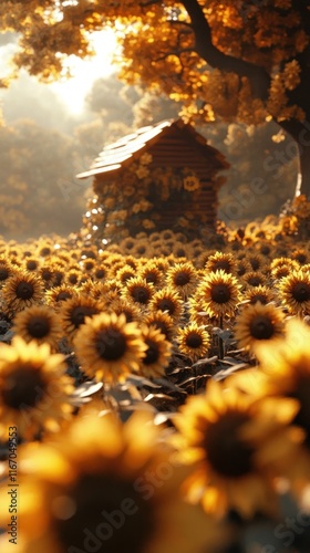 Sunlit Solarity A picturesque autumn landscape with a field of vibrant sunflowers in bloom surrounded by a rustic barn nestled in the tranquil countryside bathed in the golden glow of the setting sun photo