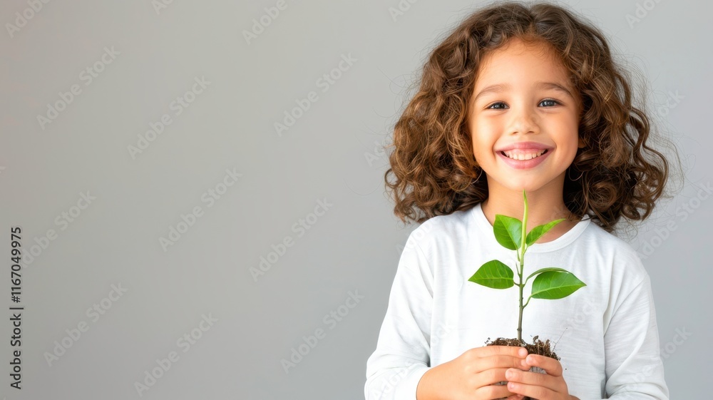 A cheerful child holds a small plant, symbolizing growth and environmental awareness, against a simple gray background. A cheerful child holds a small plant, symbolizing growth and environmental awareness, against a simple gray background.