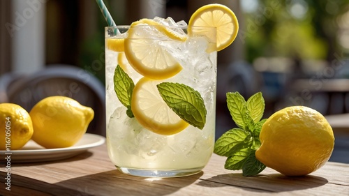 Refreshing Lemonade with Mint Leaves and Lemon Slices in Sunlit Café Setting photo