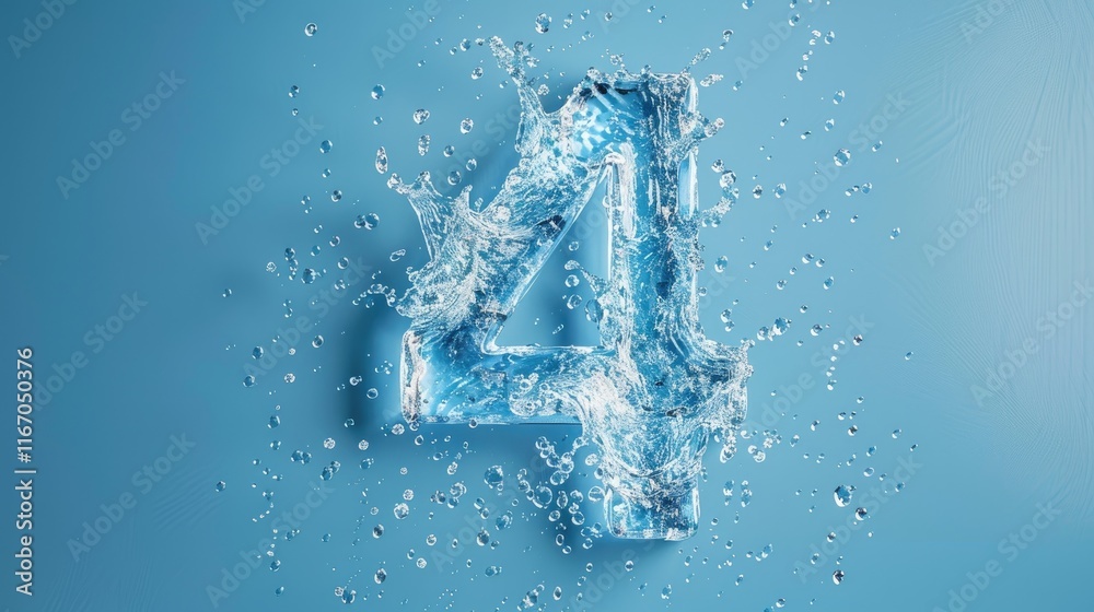 A dynamic splash of water creates the number four on a pale blue background, emphasizing smoothness and movement. A dynamic splash of water creates the number four on a pale blue background, emphasizing smoothness and movement.
