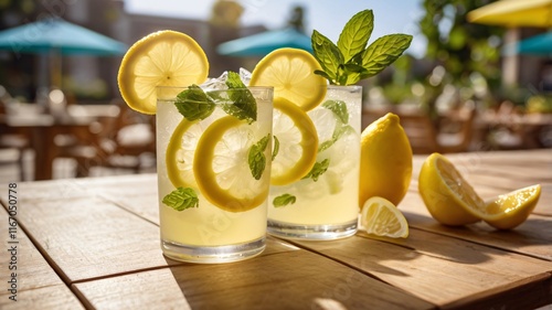 Refreshing Lemonade with Mint Leaves and Lemon Slices in Sunlit Café Setting photo