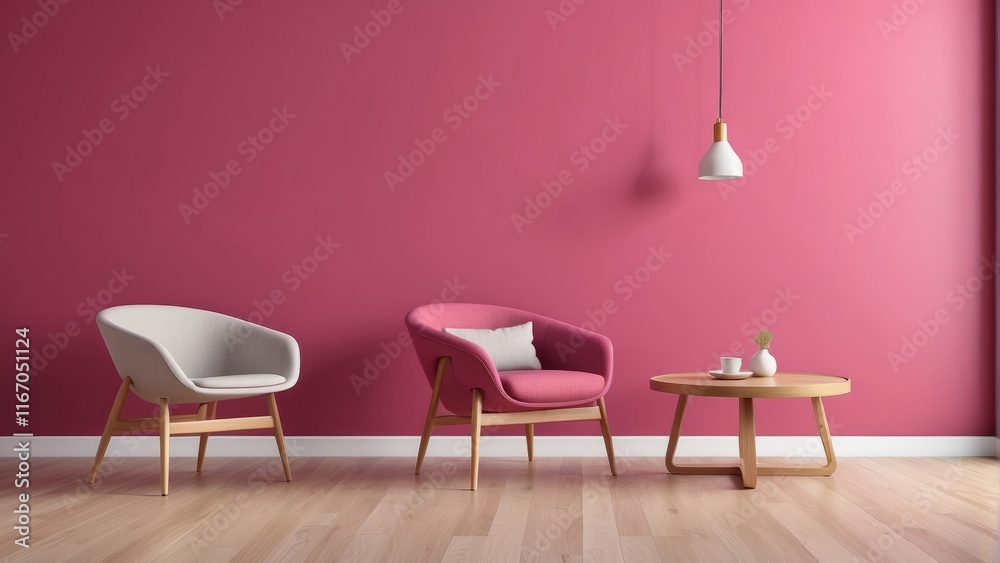 chair and wood side table against empty Raspberry color wall background chair and wood side table against empty Raspberry color wall background
