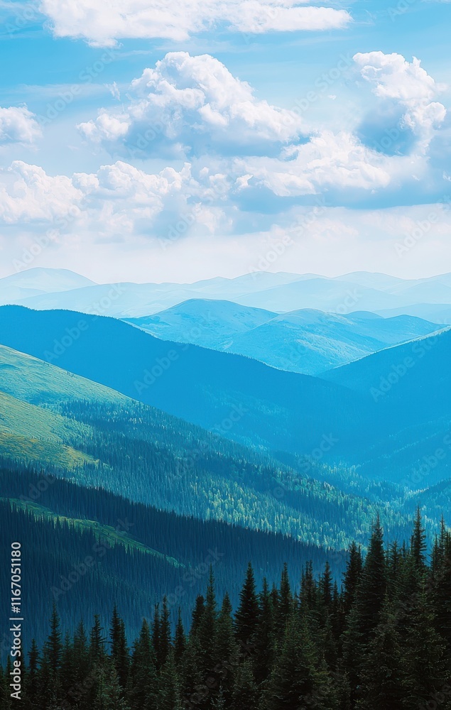 Majestic Blue Mountain Range with Evergreen Forest Majestic Blue Mountain Range with Evergreen Forest