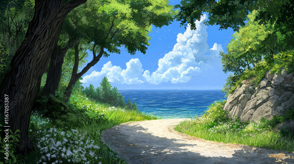 scenic coastal road winding through lush greenery and ocean views scenic coastal road winding through lush greenery and ocean views