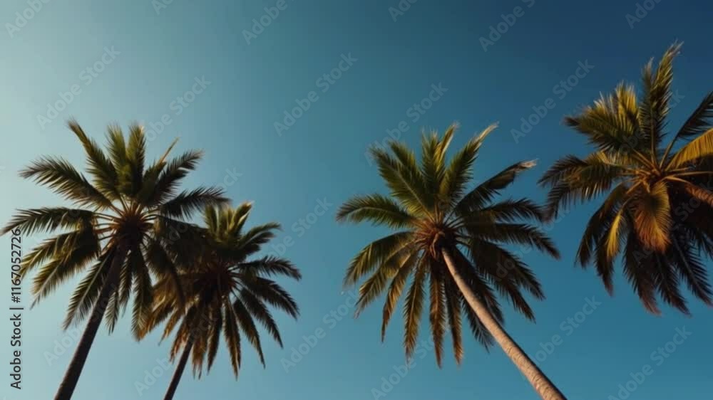 palm trees swaying gently, palm tree on the blue sky, summer holiday, California, travel, vacation palm trees swaying gently, palm tree on the blue sky, summer holiday, California, travel, vacation
