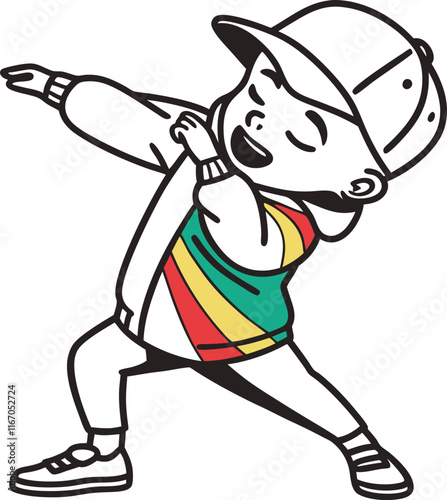 Dabbing Kid Cartoon Illustration:  A cheerful cartoon boy in a striped sweatshirt and baseball cap strikes a confident "dab" pose.