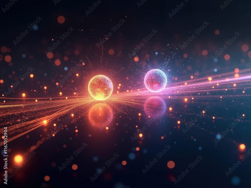 Naklejka premium Futuristic abstract visualization showcasing quantum particles in motion through vibrant energy fields