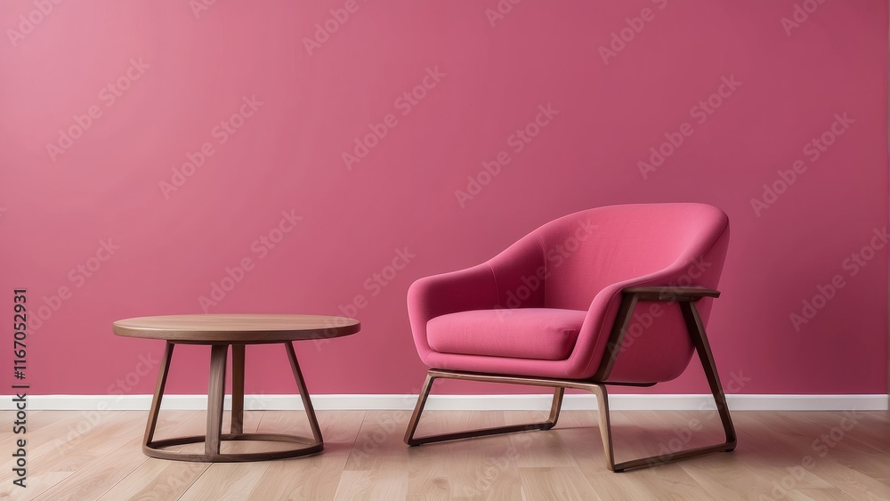 chair and wood side table against empty Raspberry color wall background