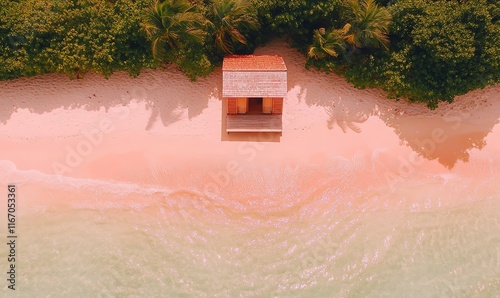 Small wooden bungalow perched at the edge of the beach, palm trees swaying