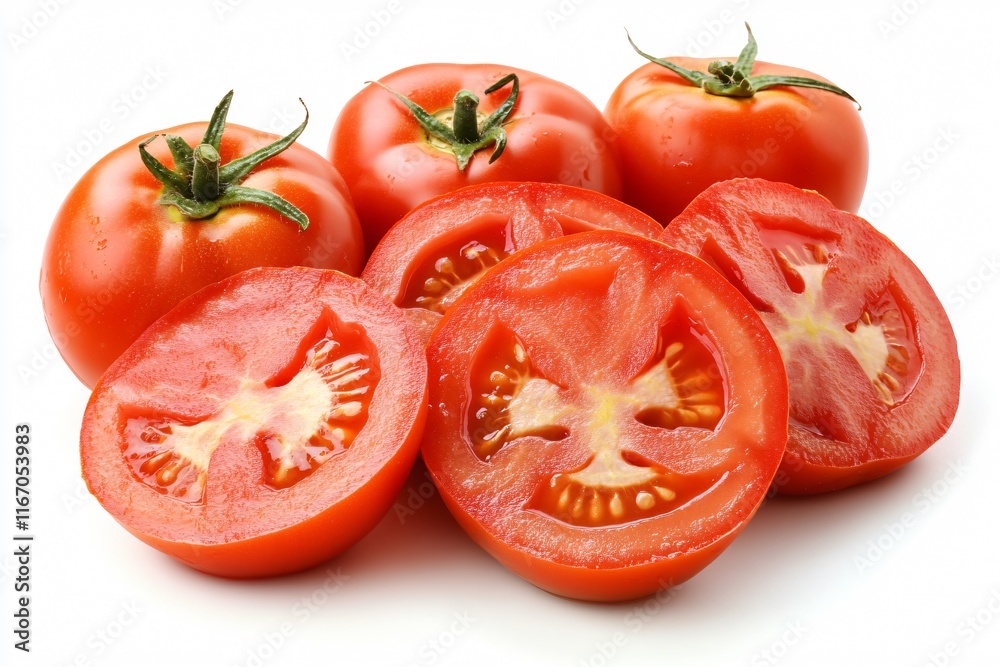 Fresh Red Tomatoes with Slices Displayed on White Background Fresh Red Tomatoes with Slices Displayed on White Background